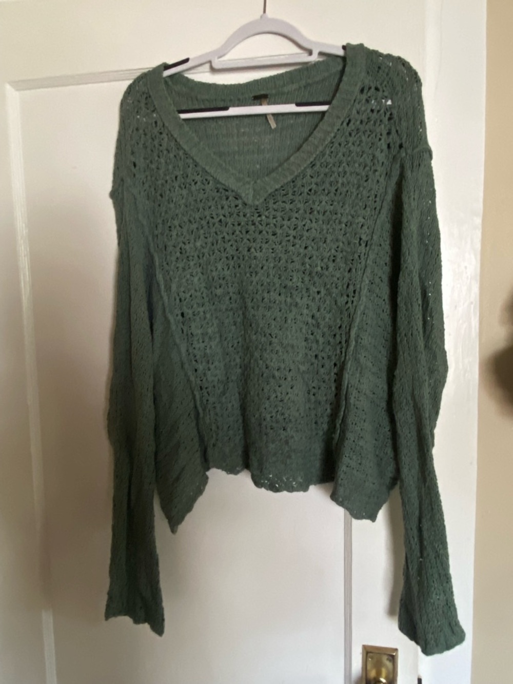 Free People V-Neck Open Knit Sweater in Sage Green